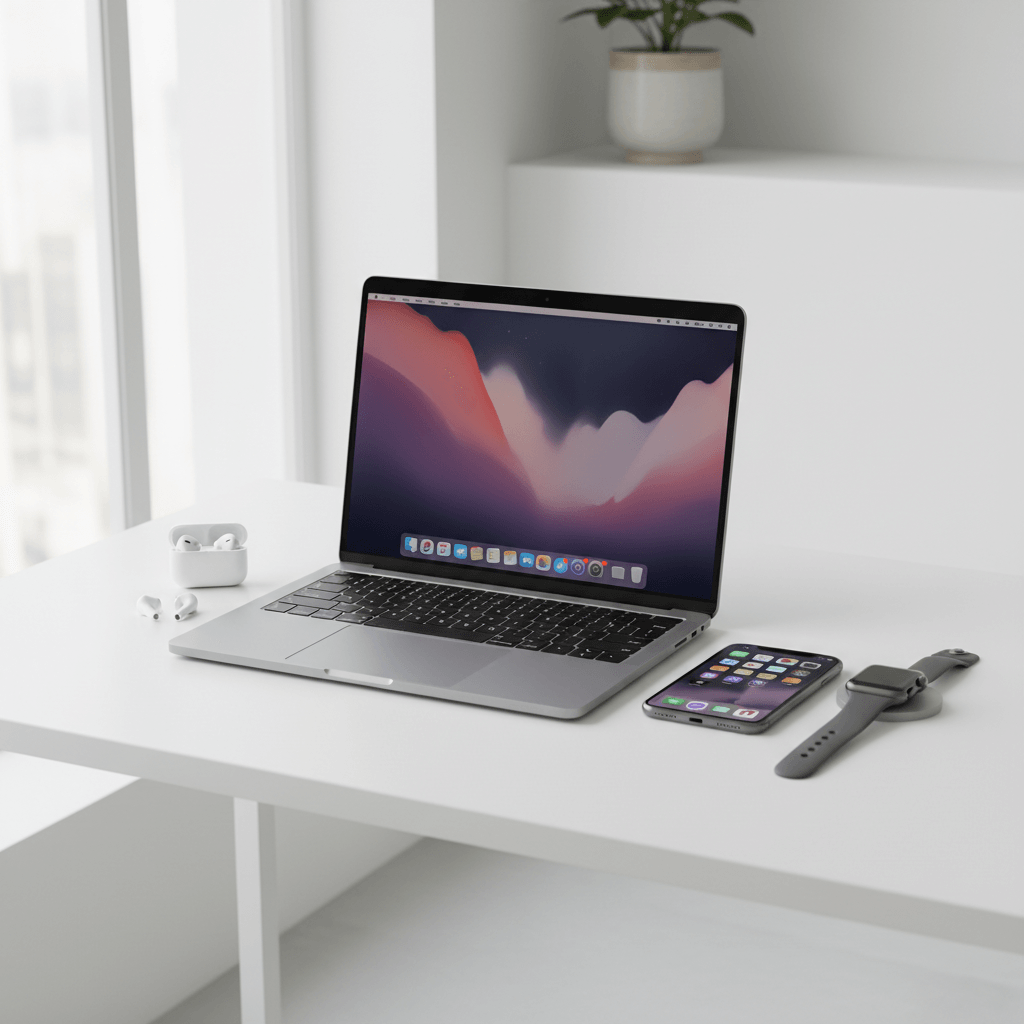 MacBook Pro i iPhone na biurku - ekosystem Apple