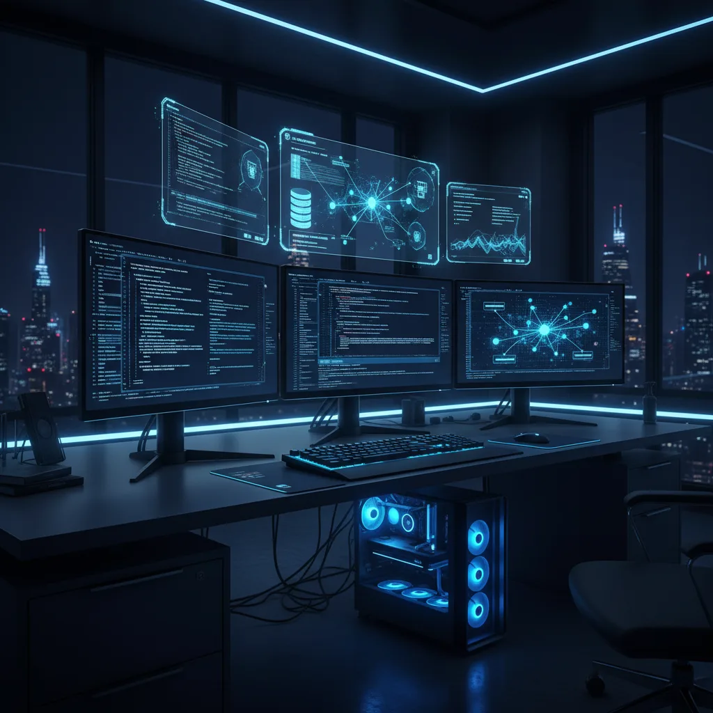 Workspace developera z wieloma monitorami
