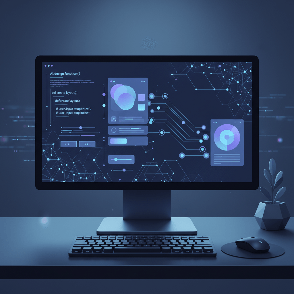 AI-powered UI design interface showing code and design elements merging together