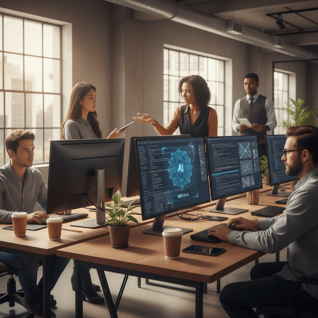 Developer team collaborating on interface design with AI assistance