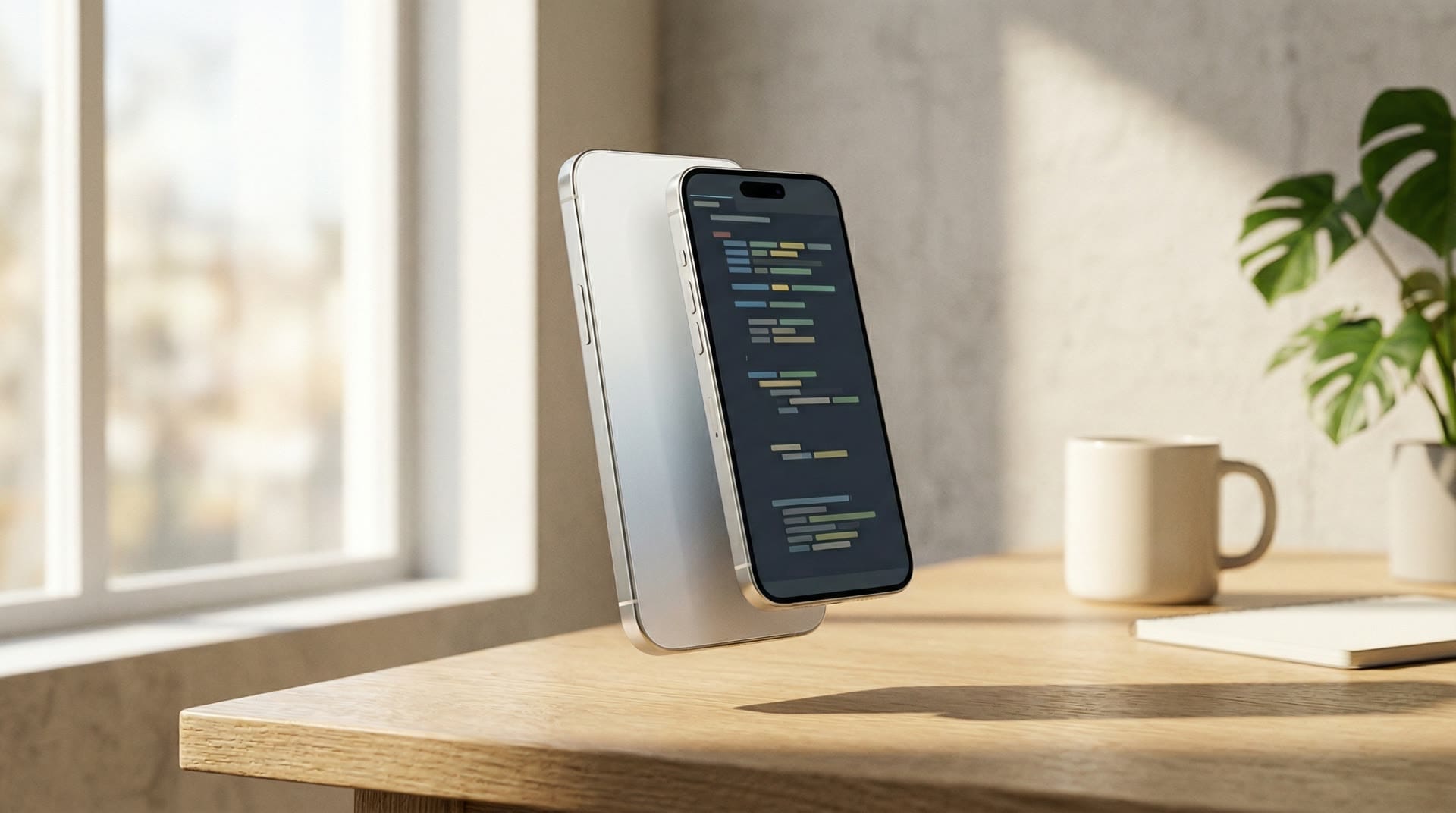 Smartfon wyświetlający interfejs edytora kodu w profesjonalnym studiu