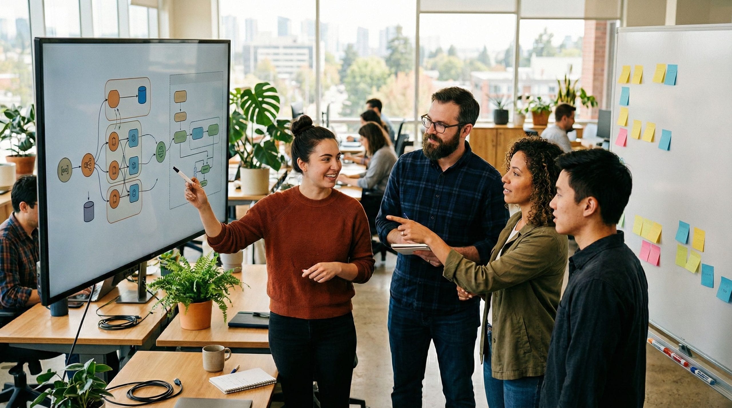 Zespół deweloperów współpracujący przy architekturze rozproszonych systemów agentowych