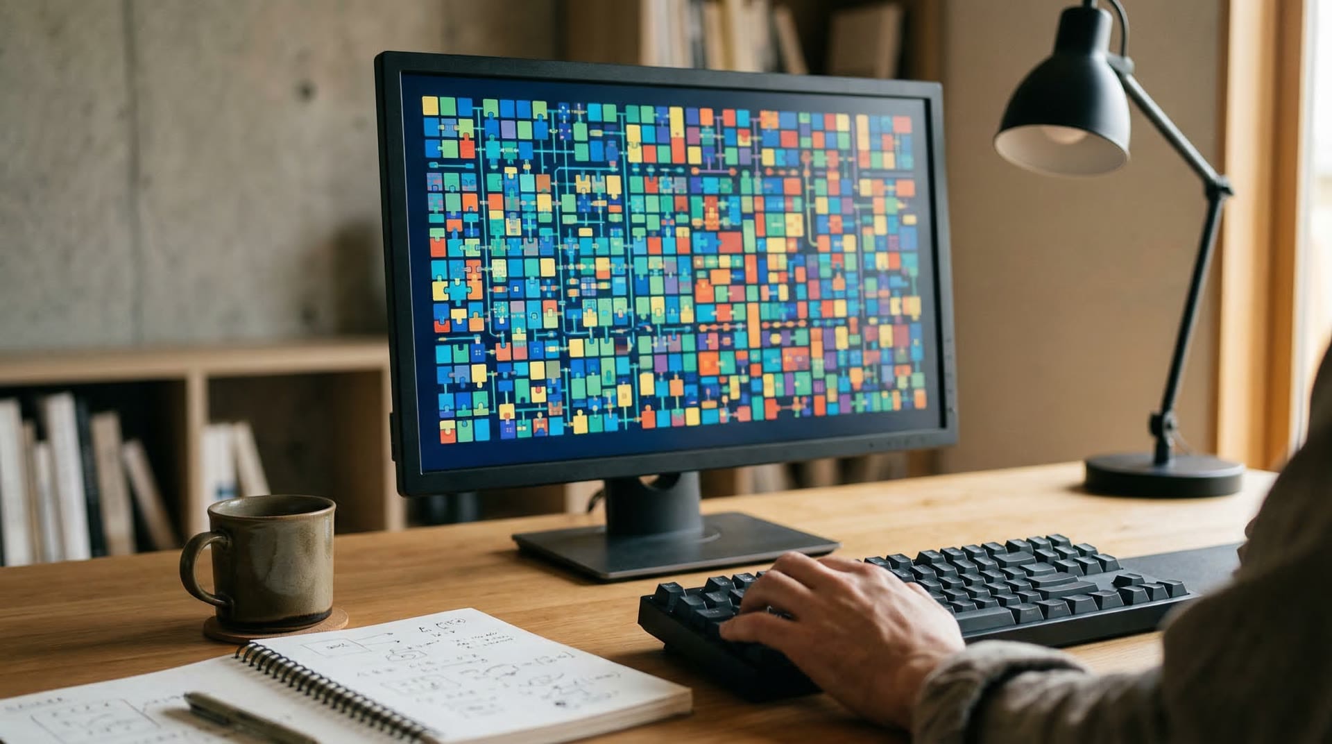 AI research and testing environment with grid patterns and puzzle elements