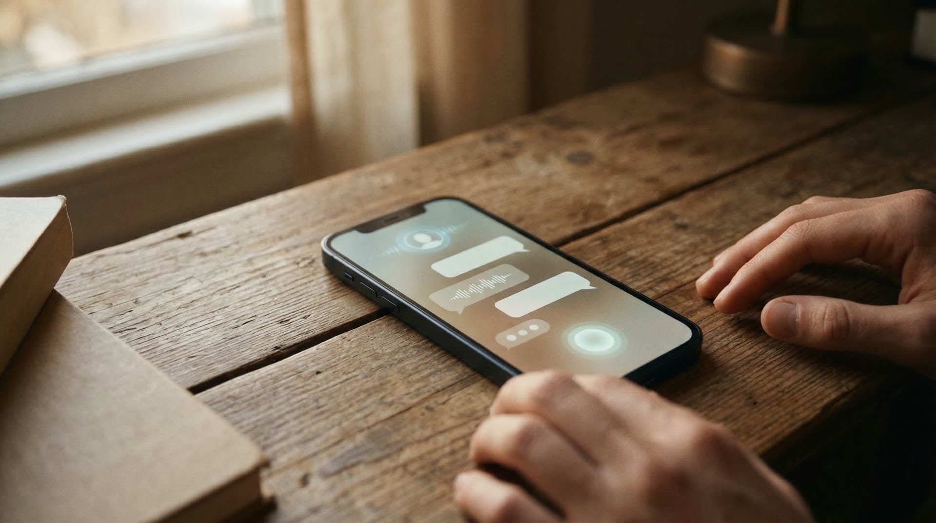 Smartfon z interfejsem asystenta AI - zbliżenie na ekran z chatem głosowym