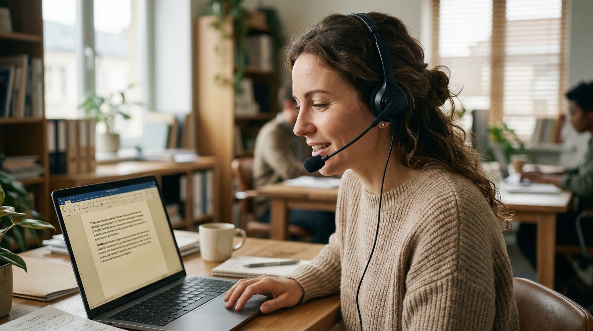 Dyktowanie dokumentów z voice AI - słuchawki i laptop na biurku
