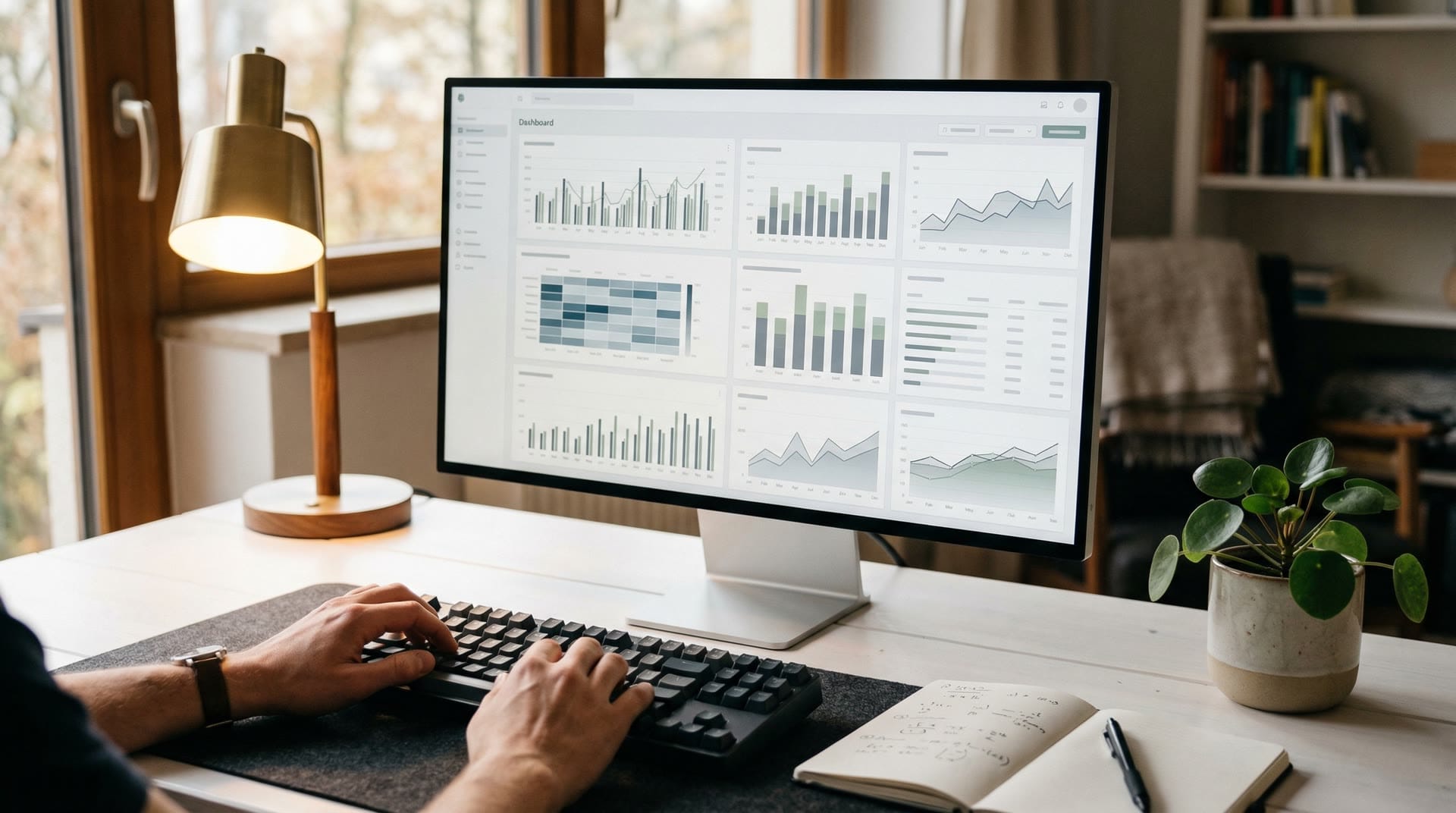 Monitor z dashboardem analitycznym, ręce na klawiaturze, naturalne oświetlenie biurowe