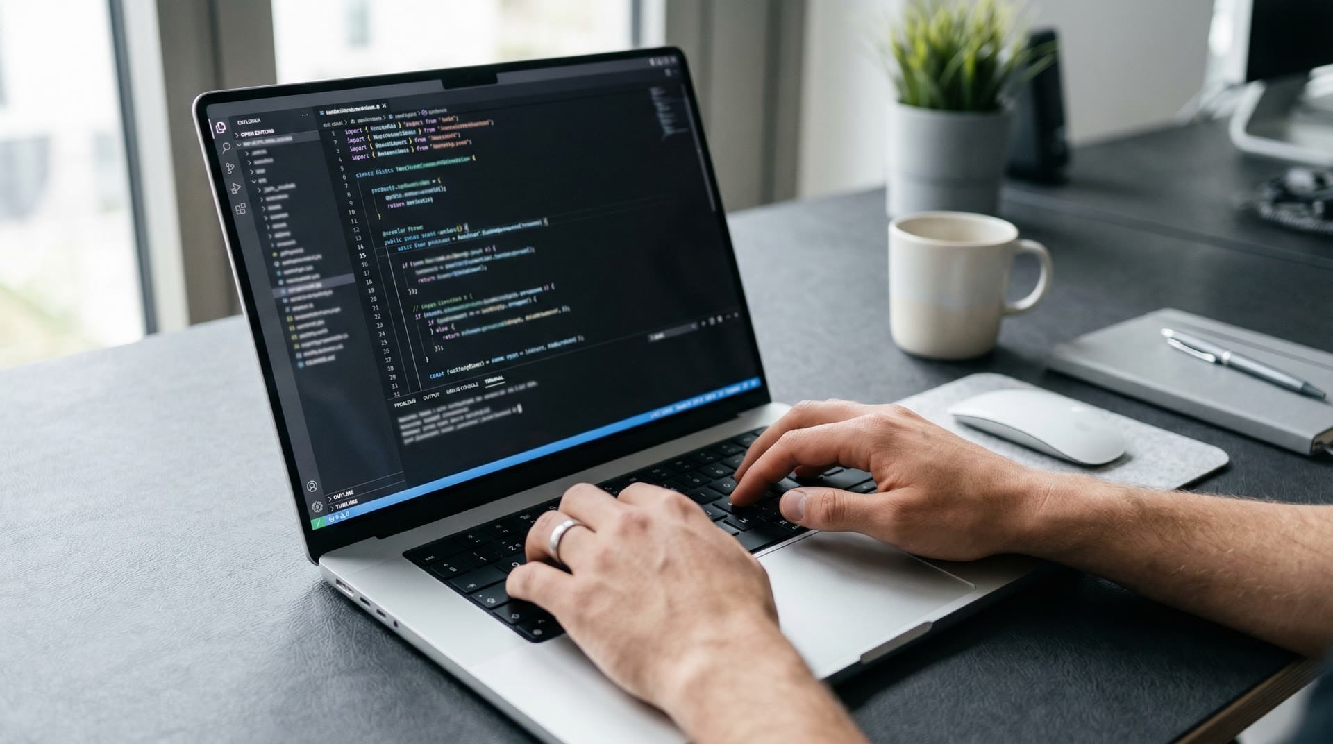 Programista pracujący z narzędziami AI w nowoczesnym biurze — kod na ekranie, naturalne oświetlenie