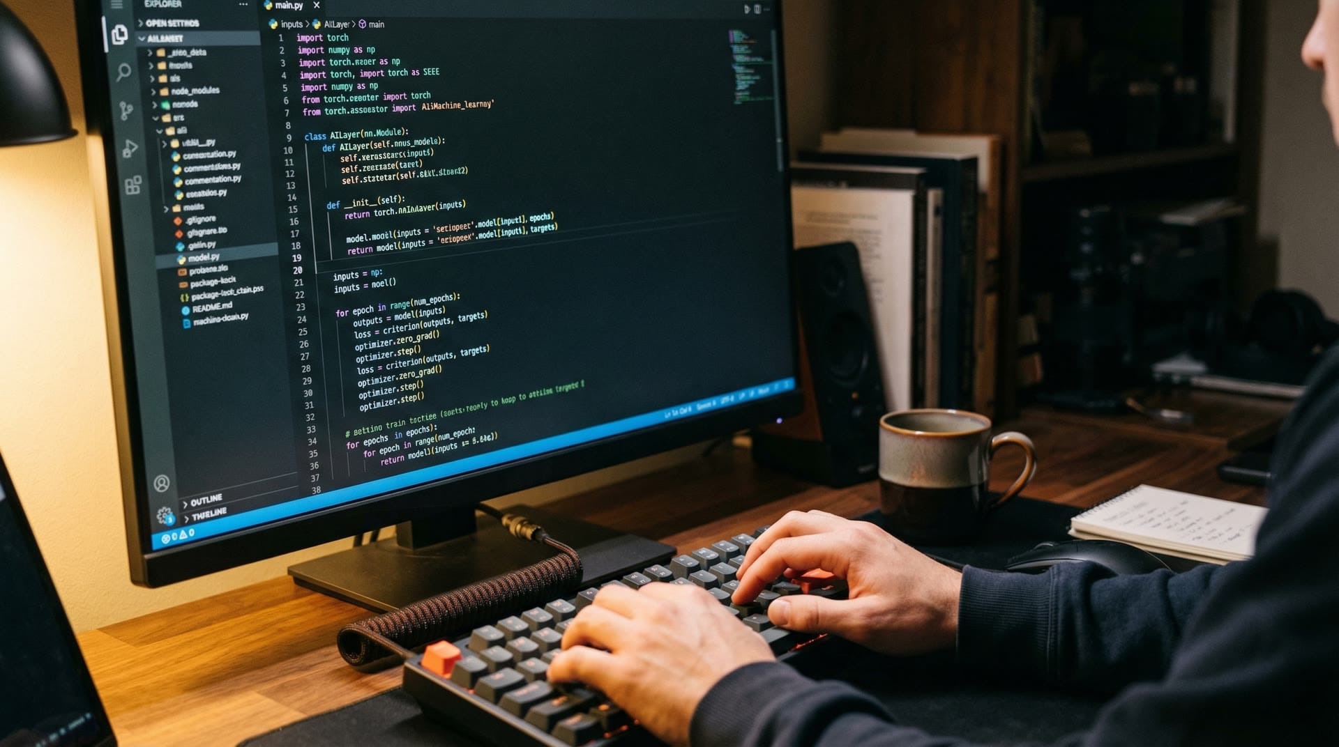 Biuro programisty pracującego z AI - kod na ekranie monitora