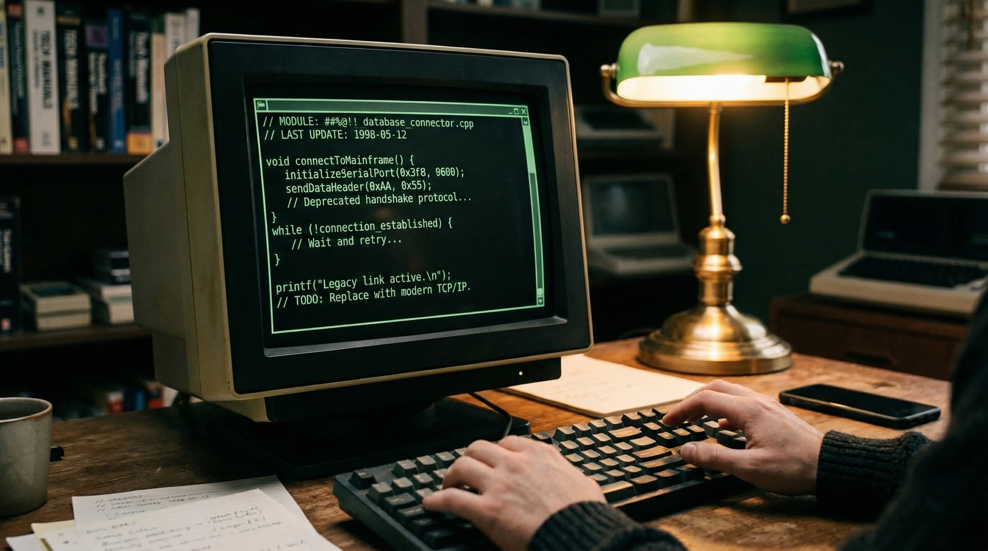 Zbliżenie na monitor pokazujący kod terminalowy z zielonym tekstem, ręce programisty widoczne na krawędzi, ciepłe światło lampki biurkowej