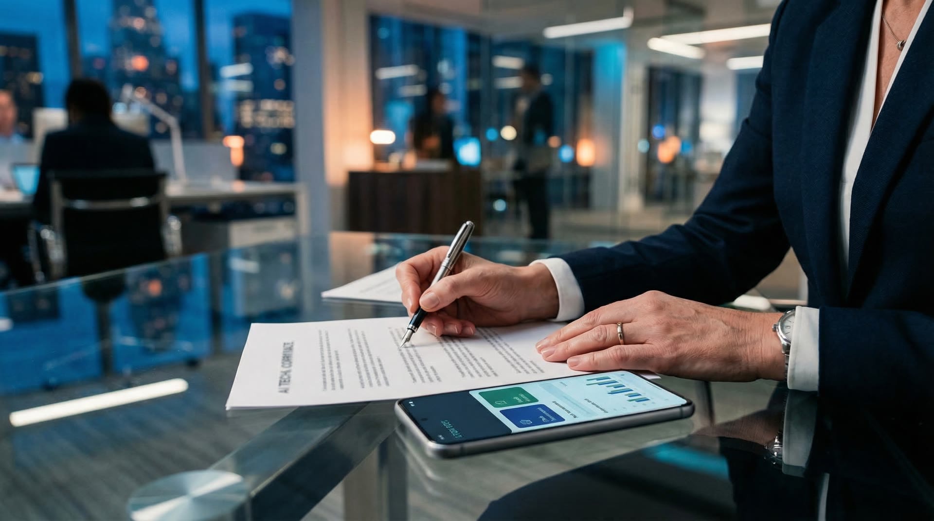 Business executive hands reviewing documents on glass desk with smartphone showing AI app, modern office background