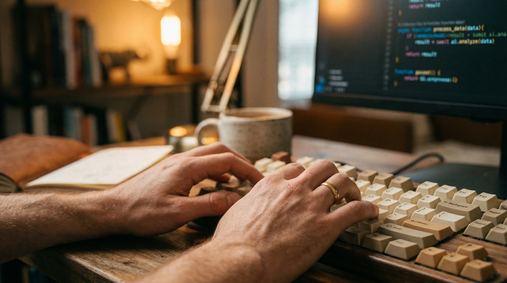 Ręce programisty na klawiaturze z kodem na monitorze
