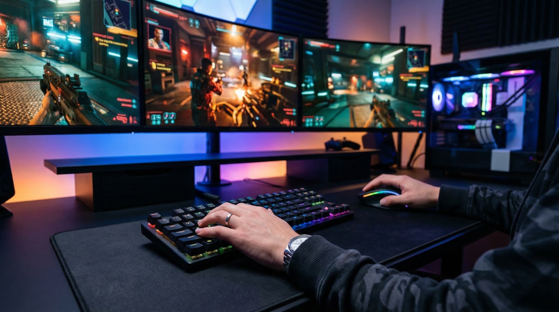 Modern gaming setup with RGB lighting and AI graphics technology demonstration