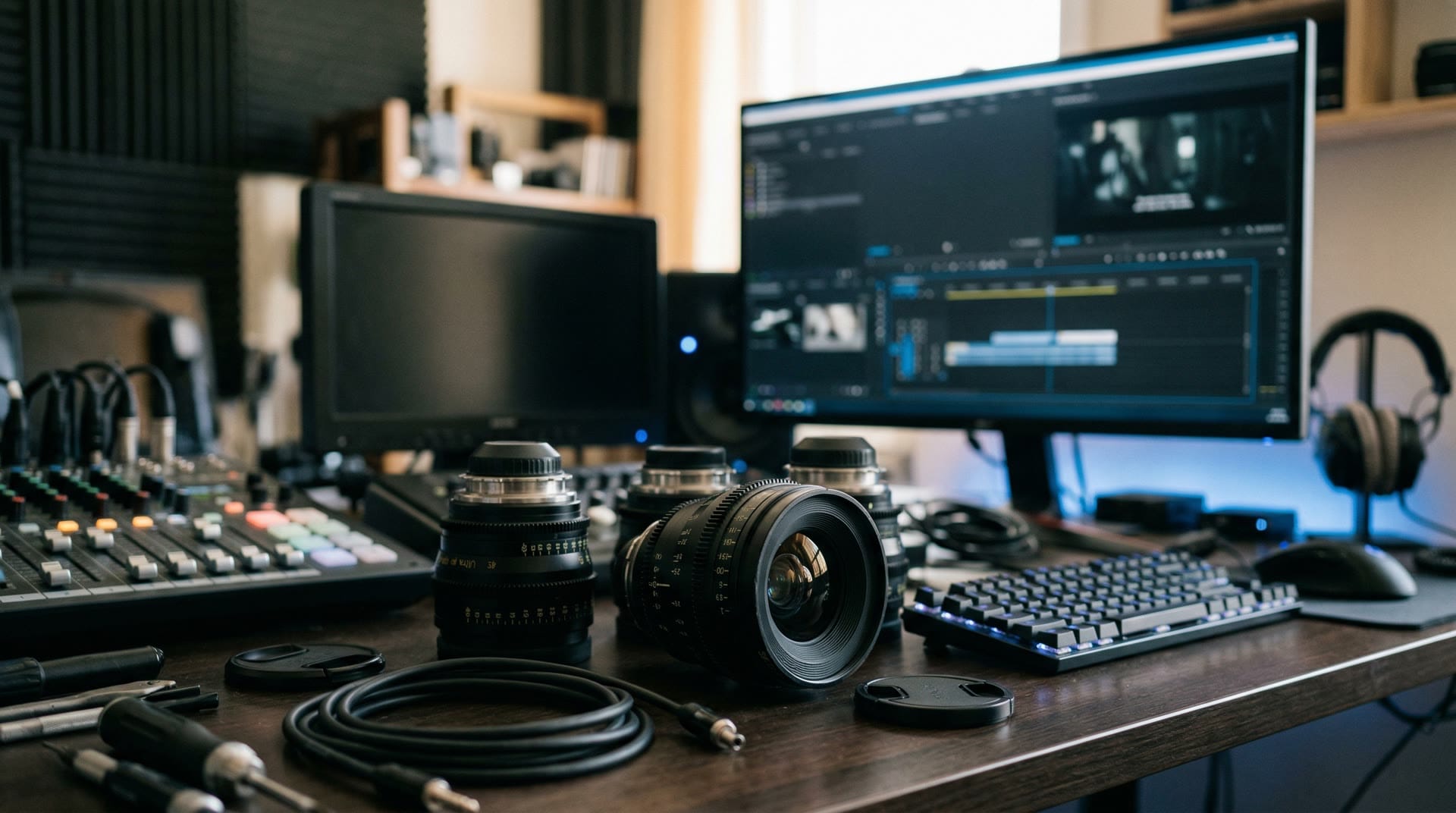 Profesjonalny sprzęt wideo na biurku - statywy, obiektywy i monitory