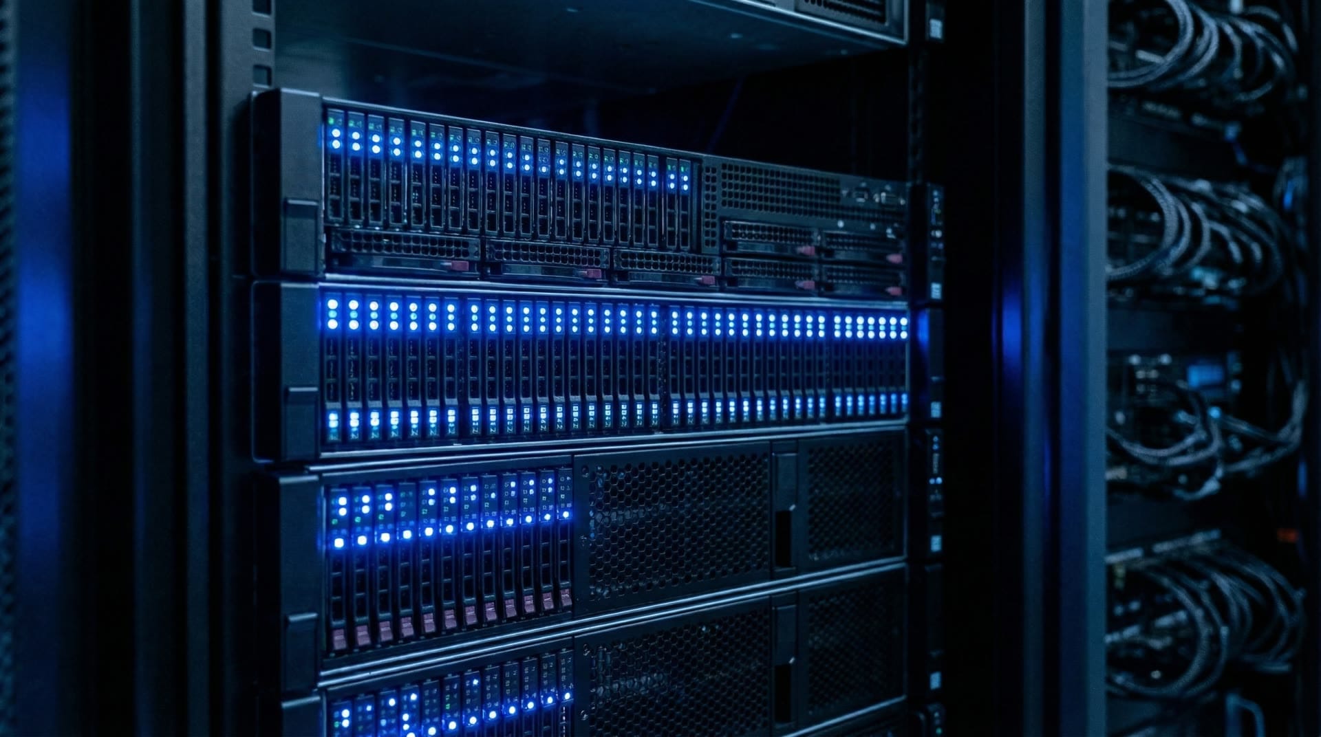 Szczegóły serwerów data center z niebieskimi diodami LED