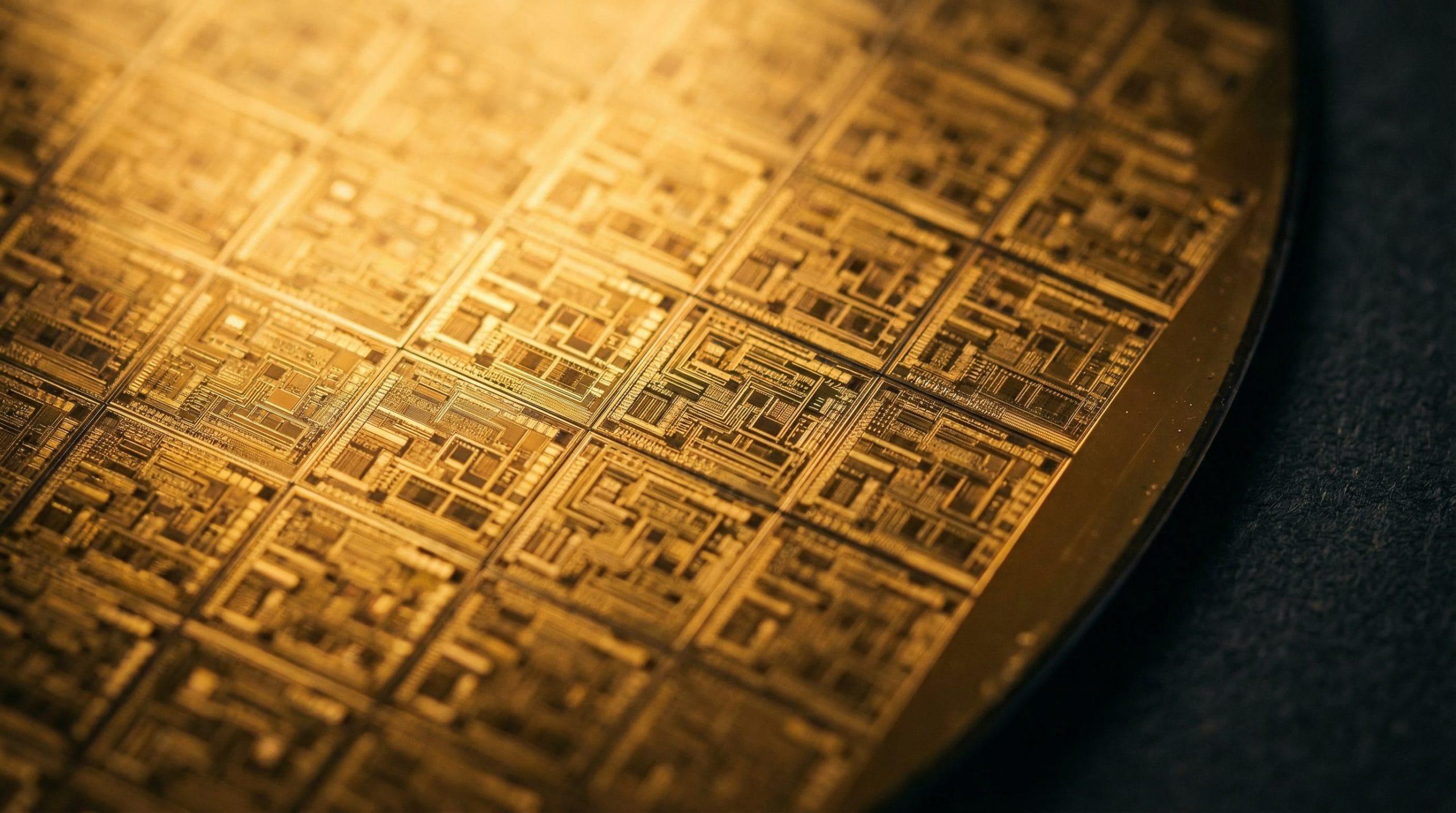 Zbliżenie na złoty krzemowy wafe z mikroskopijnymi wzorami obwodów chipa AI