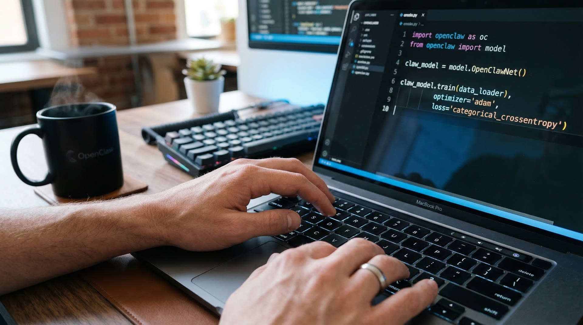 Workspace dewelopera z kodem OpenClaw na ekranie laptopa