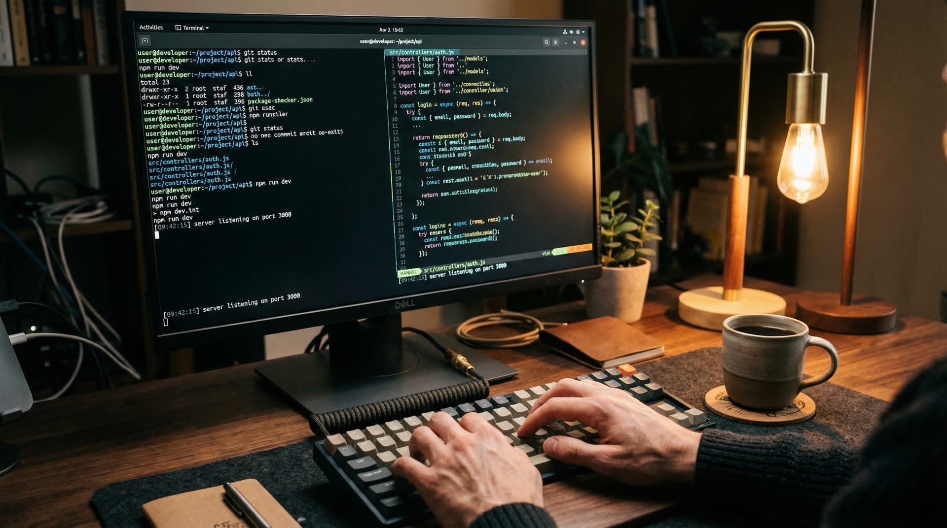 Terminal z kodem i klawiatura mechaniczna - workflow terminalowy Claude Code Companion