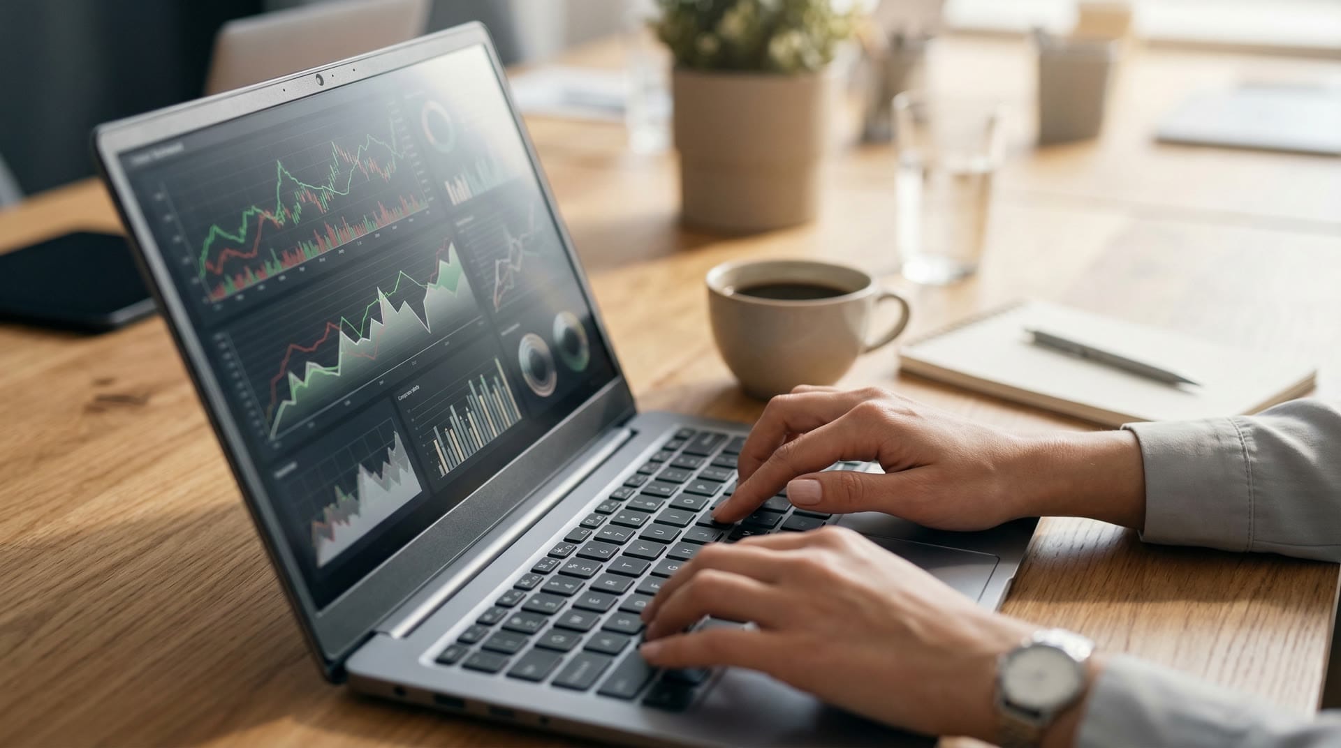 Financial analyst reviewing investment dashboard on laptop