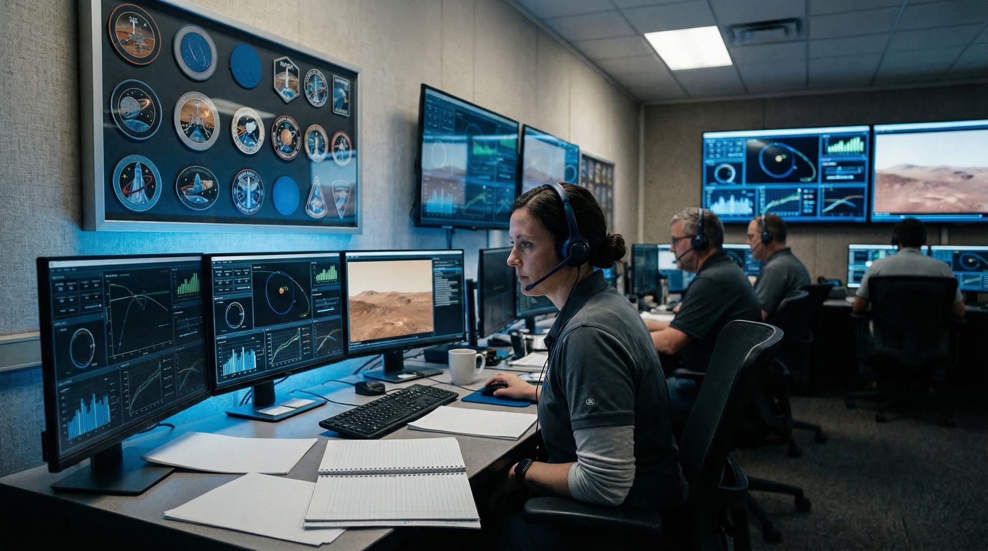Mission control center monitoring Mars rover trajectory with multiple displays