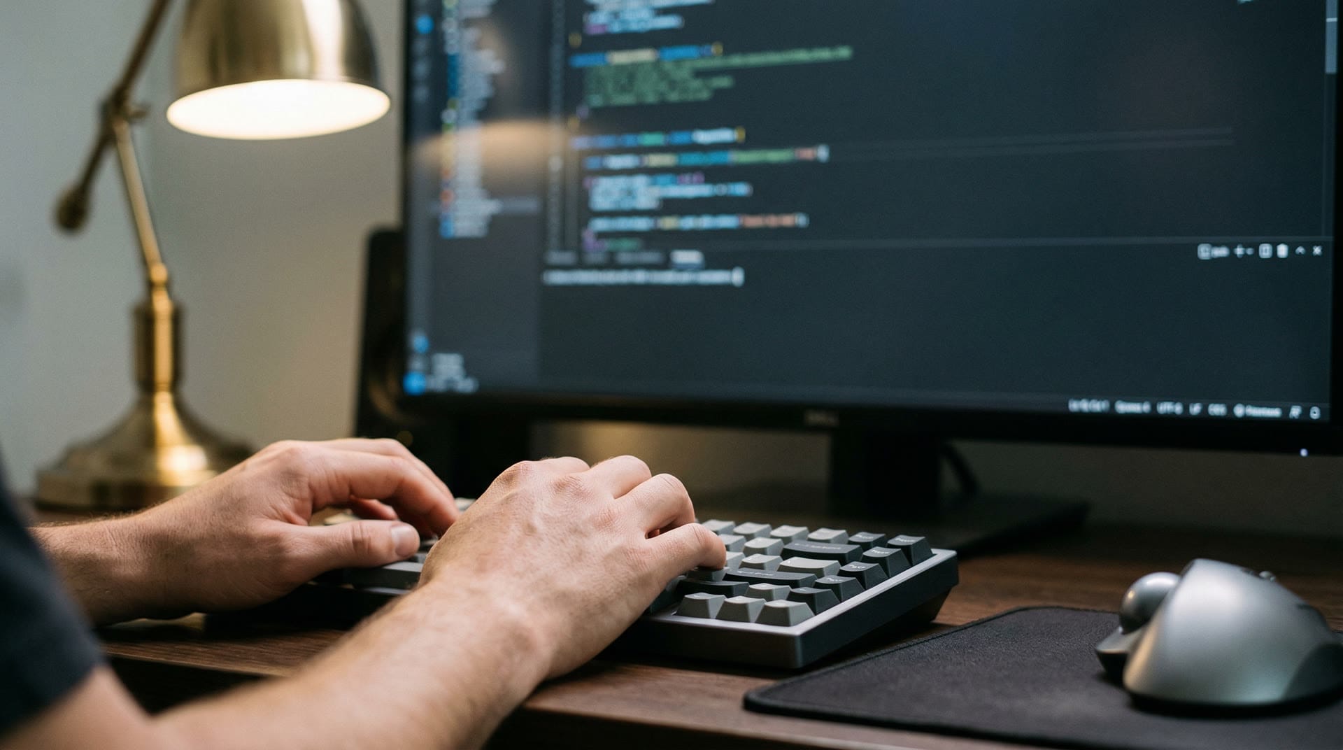 Kod na ekranie monitora w trybie ciemnym z interfejsem AI