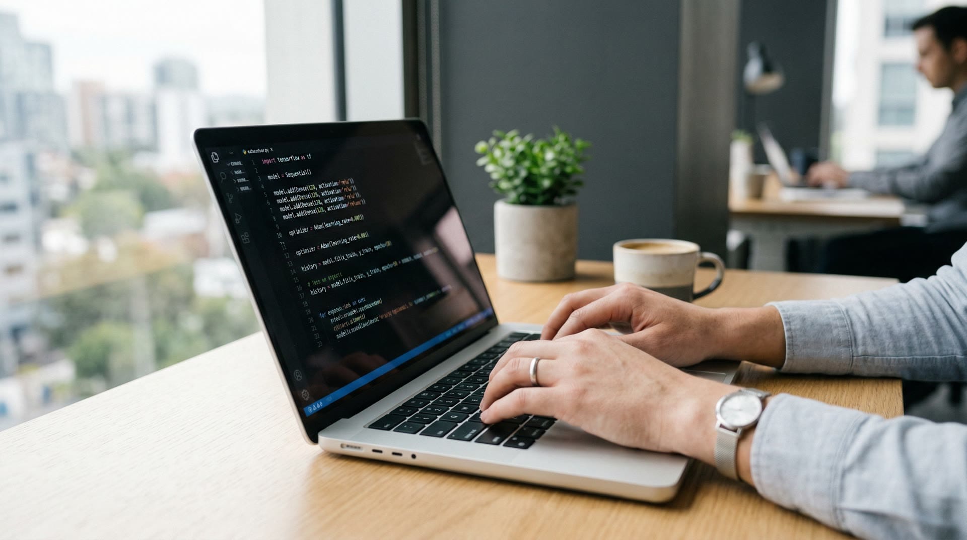 Programista pracujący nad kodem AI na laptopie w nowoczesnym biurze, oświetlenie naturalne