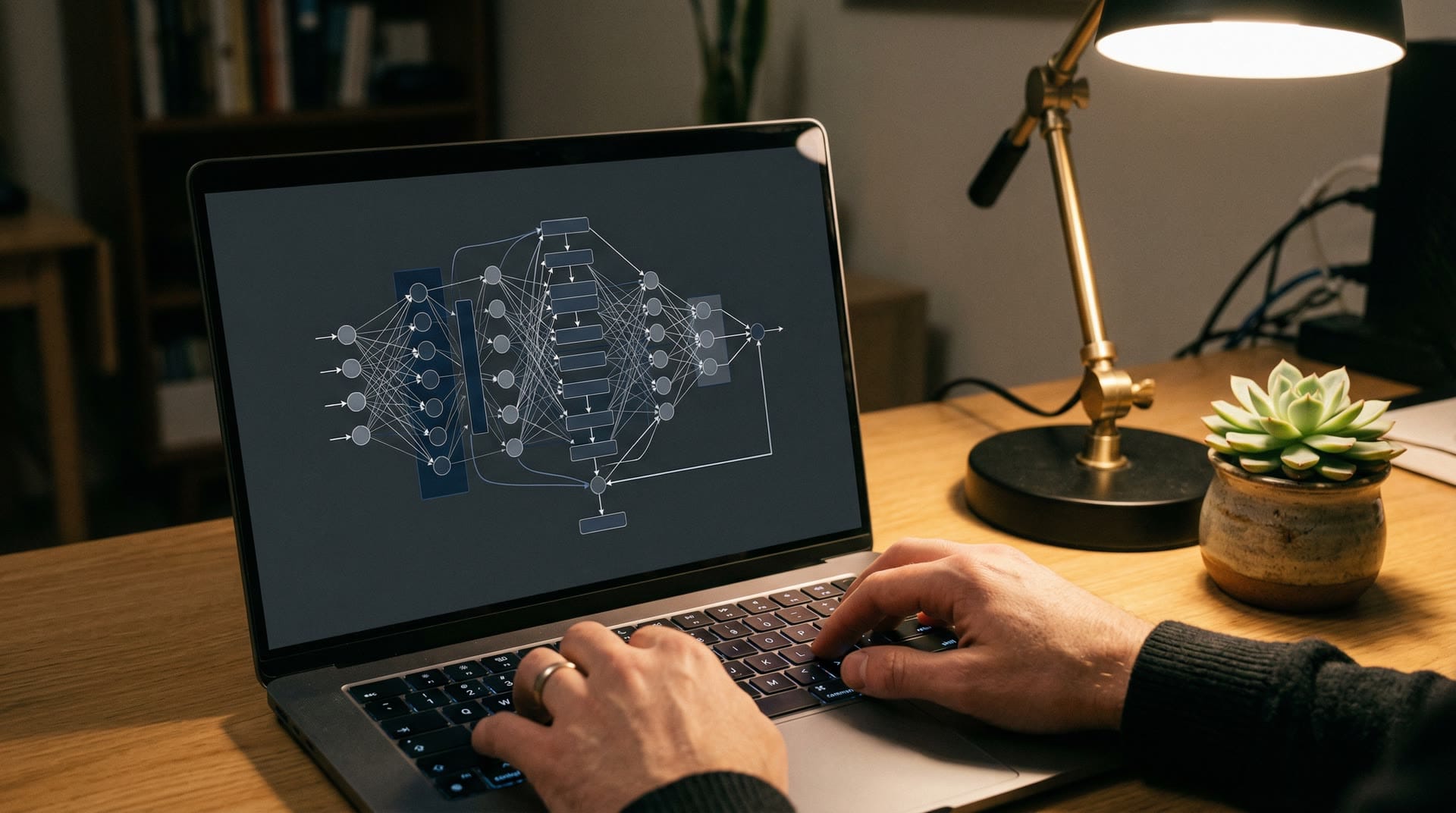 Miejsce pracy programisty AI z monitorem pokazującym wizualizację sieci neuronowej