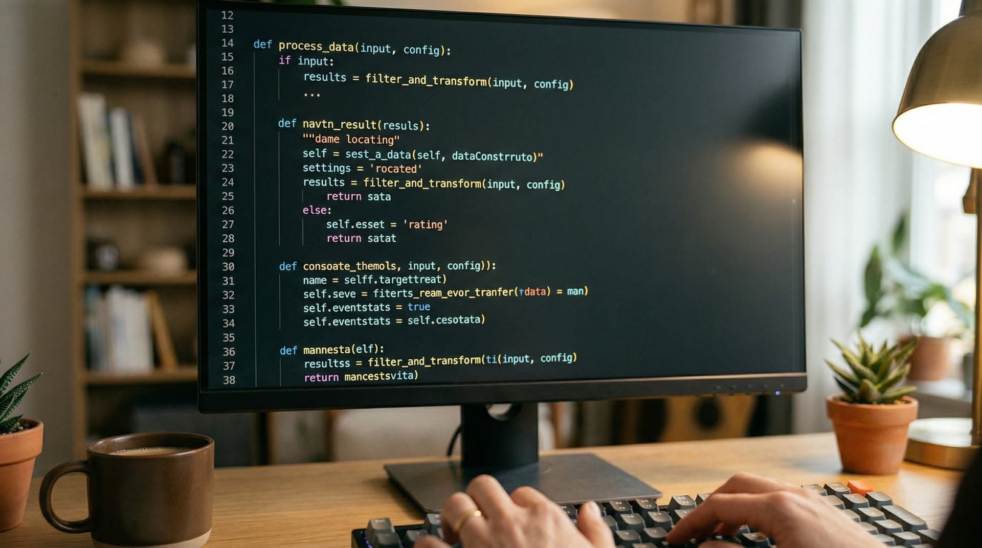 Programista pracujący z kodem na podwójym monitorze w nowoczesnym biurze
