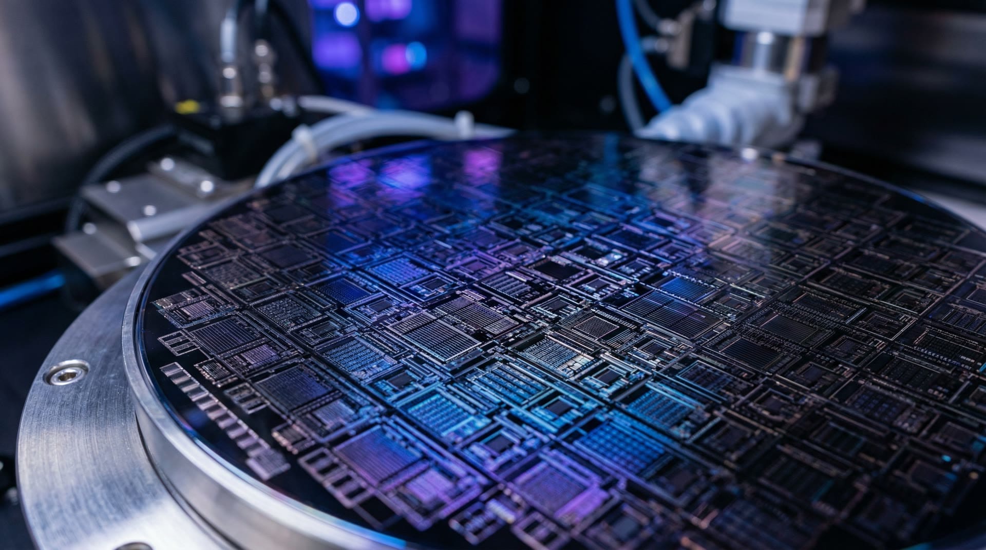 Zbliżenie krzemu krzemowych z niebieskim oświetleniem, semiconductor manufacturing aesthetic