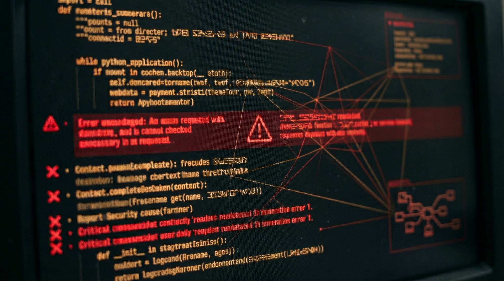 Terminal z kodem Python i błędami bezpieczeństwa