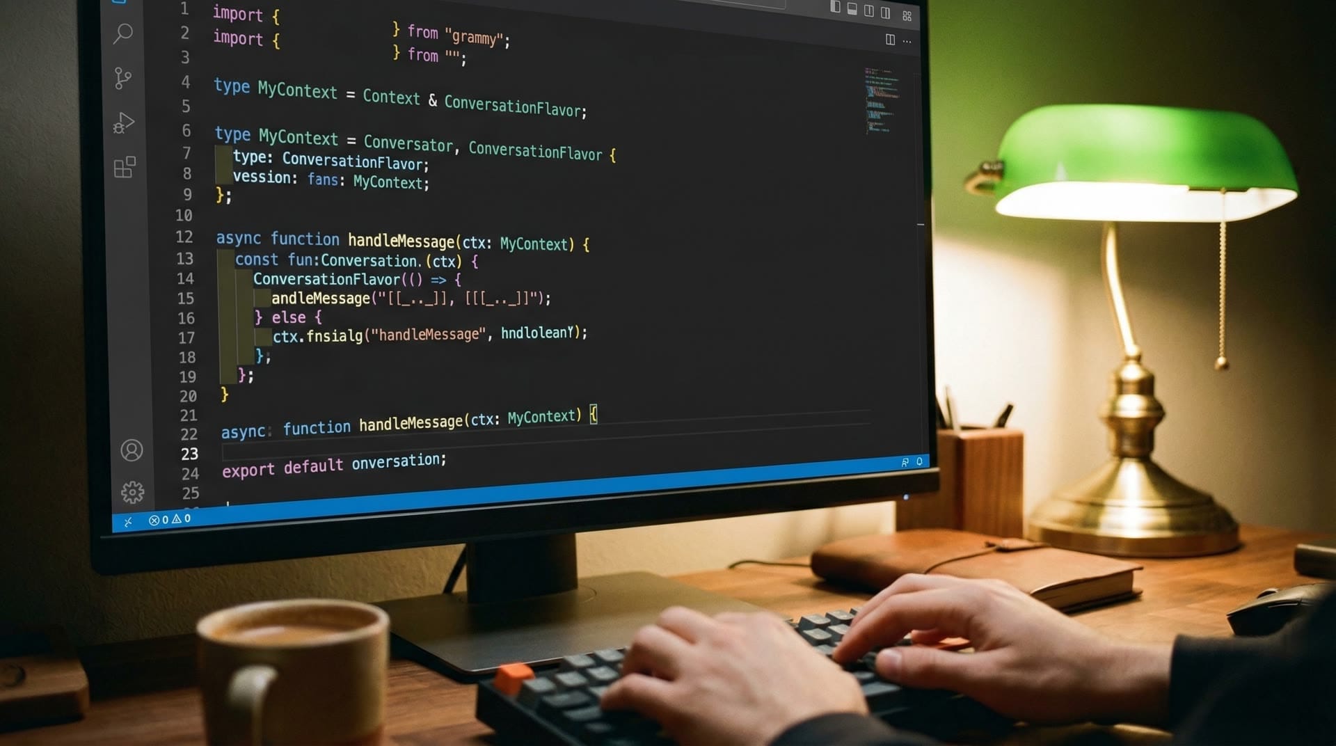 Kod TypeScript na monitorze programisty pokazujący importy adapterów chat