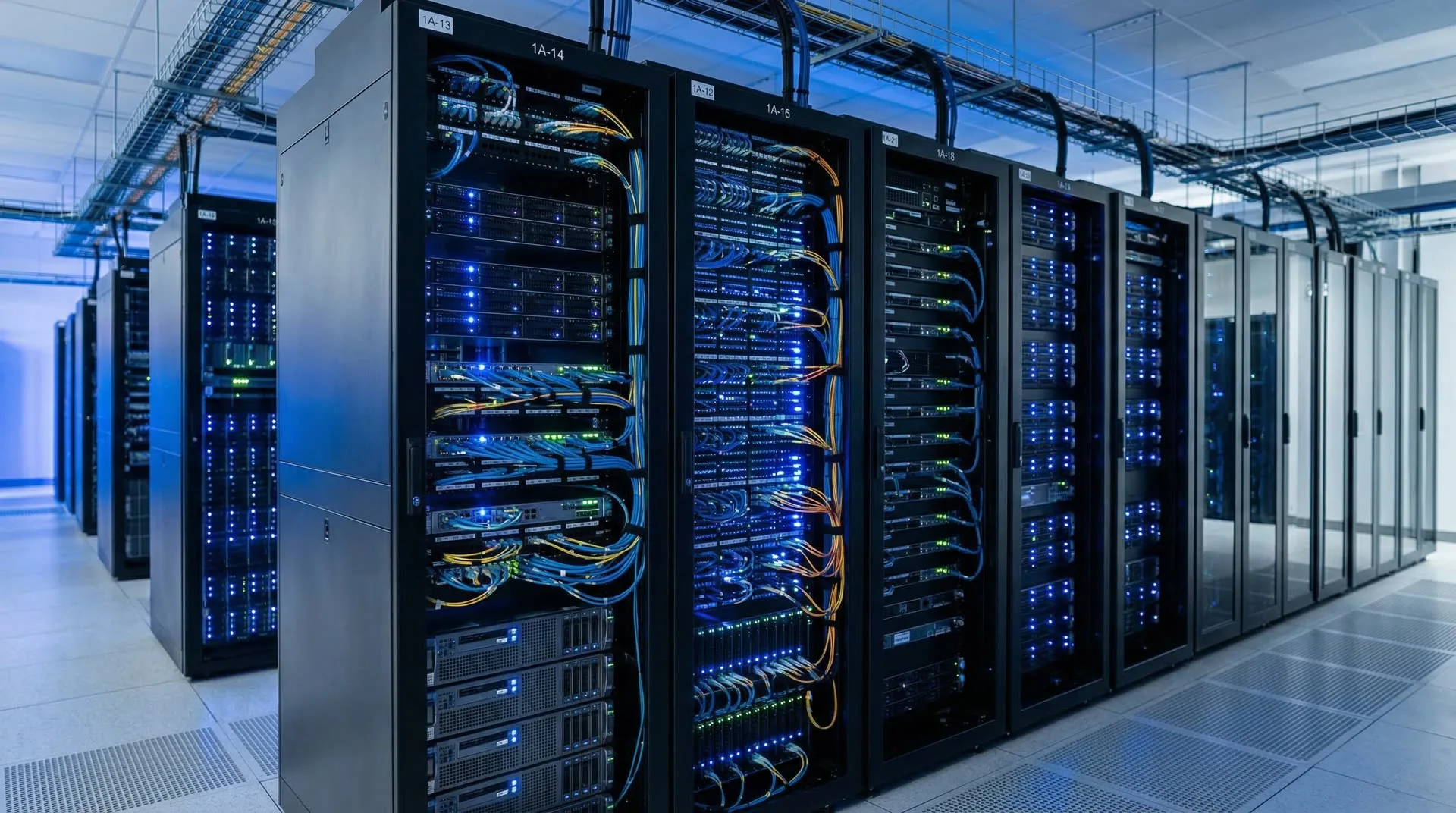 Wnętrze nowoczesnego datacenter z rzędami serwerów i niebieskim oświetleniem LED