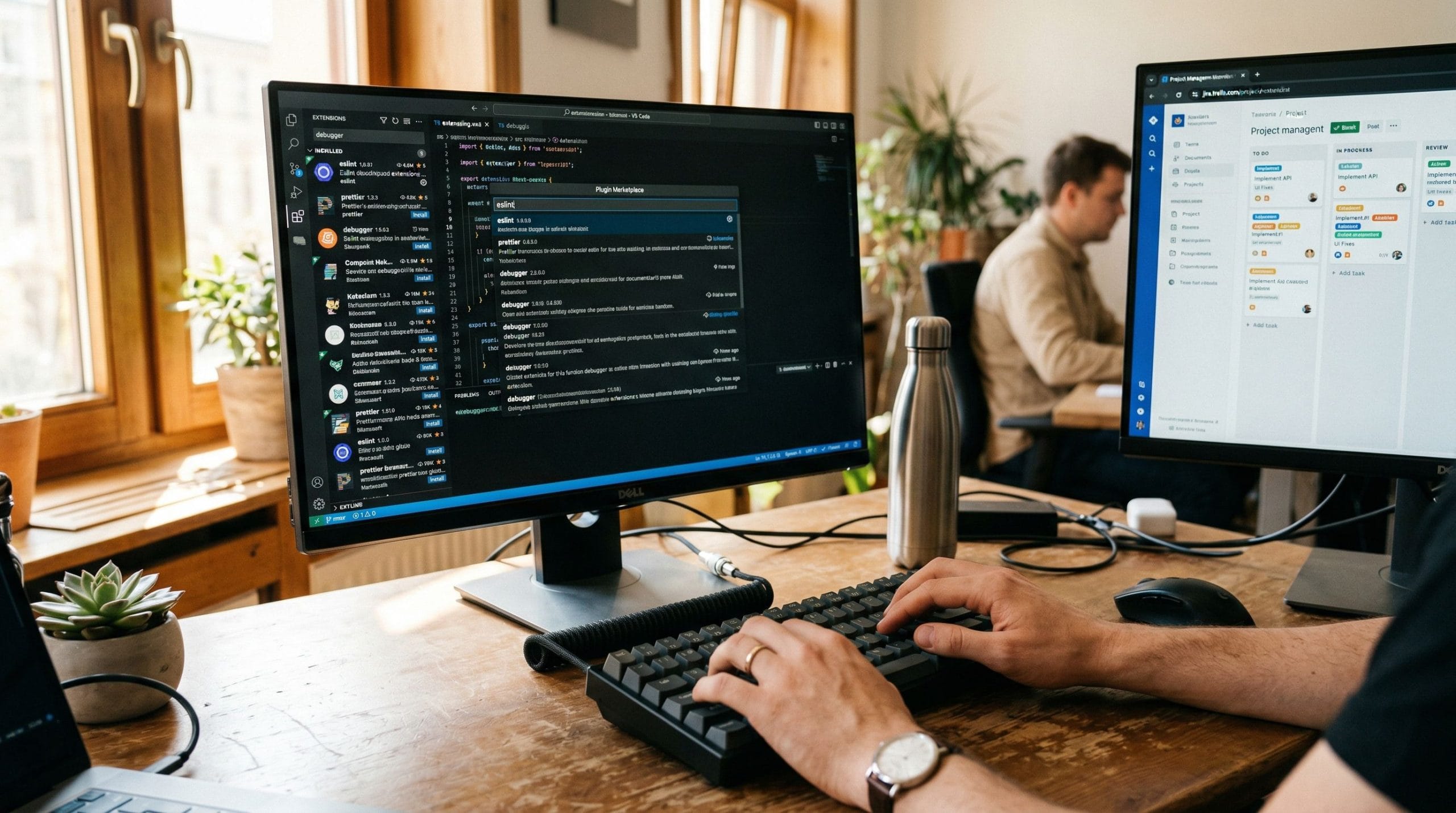 Stanowisko programisty z klawiaturą i monitorami pokazującymi interfejs narzędzia AI