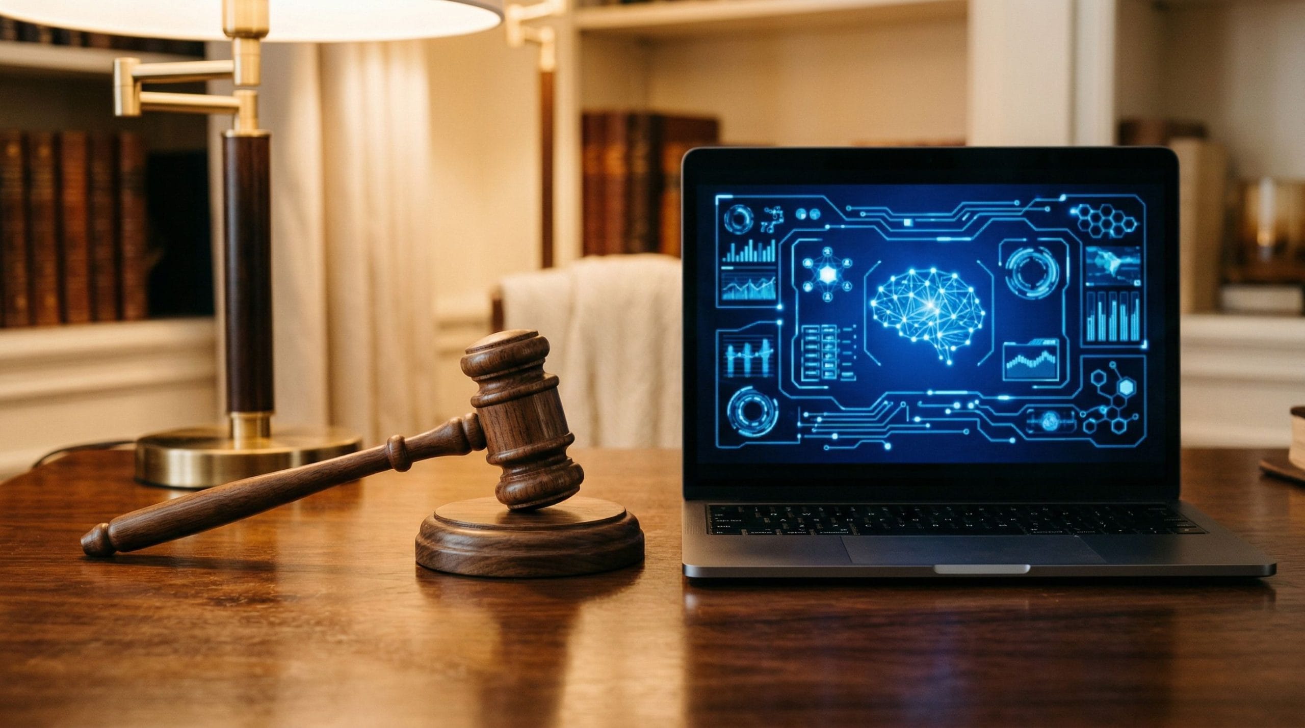 Młotek sędziowski na biurku obok laptopa z interfejsem AI — symbol konfliktu prawa i technologii