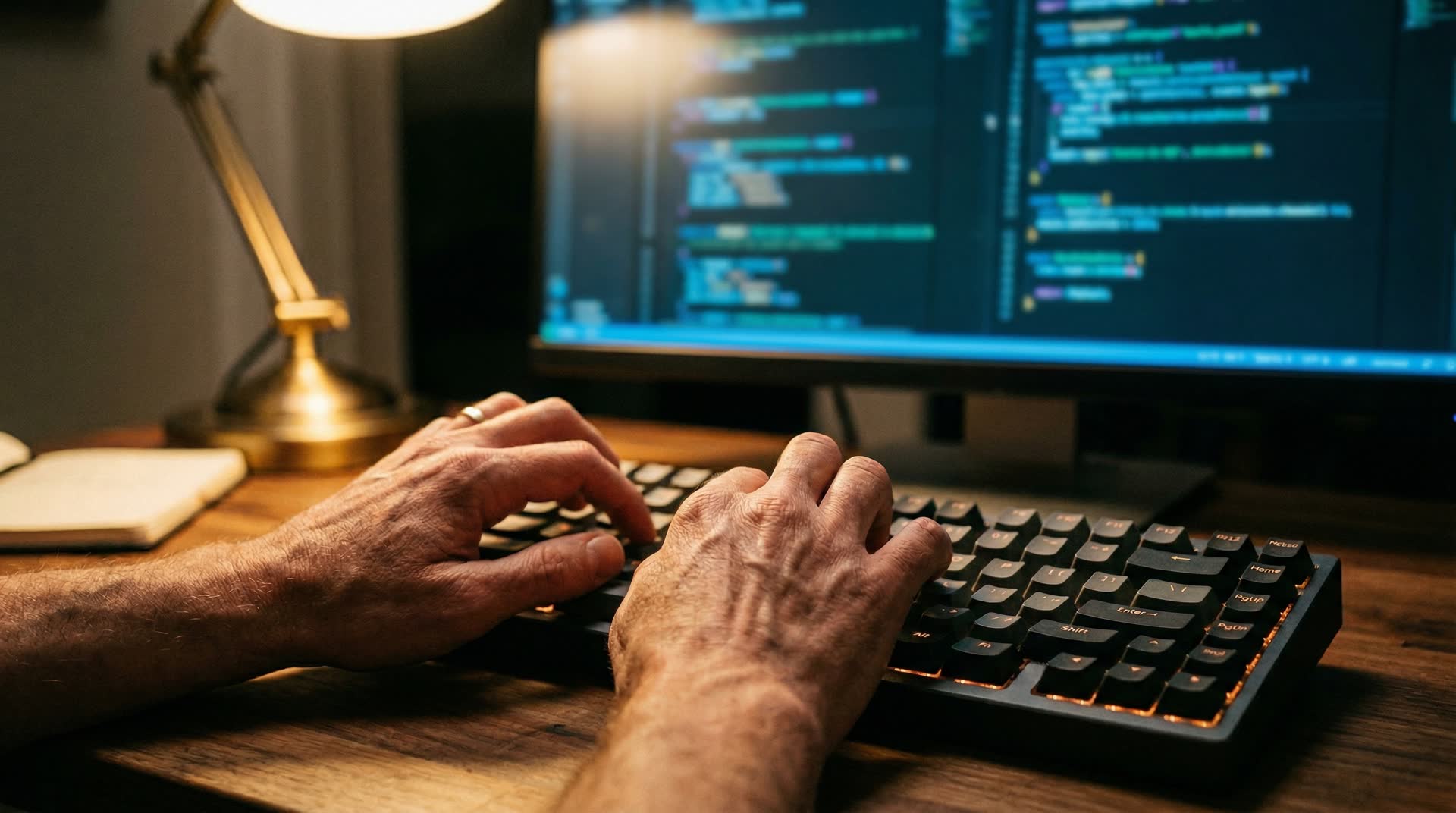 Developer porównujący frameworki React Vue i Svelte na trzech monitorach