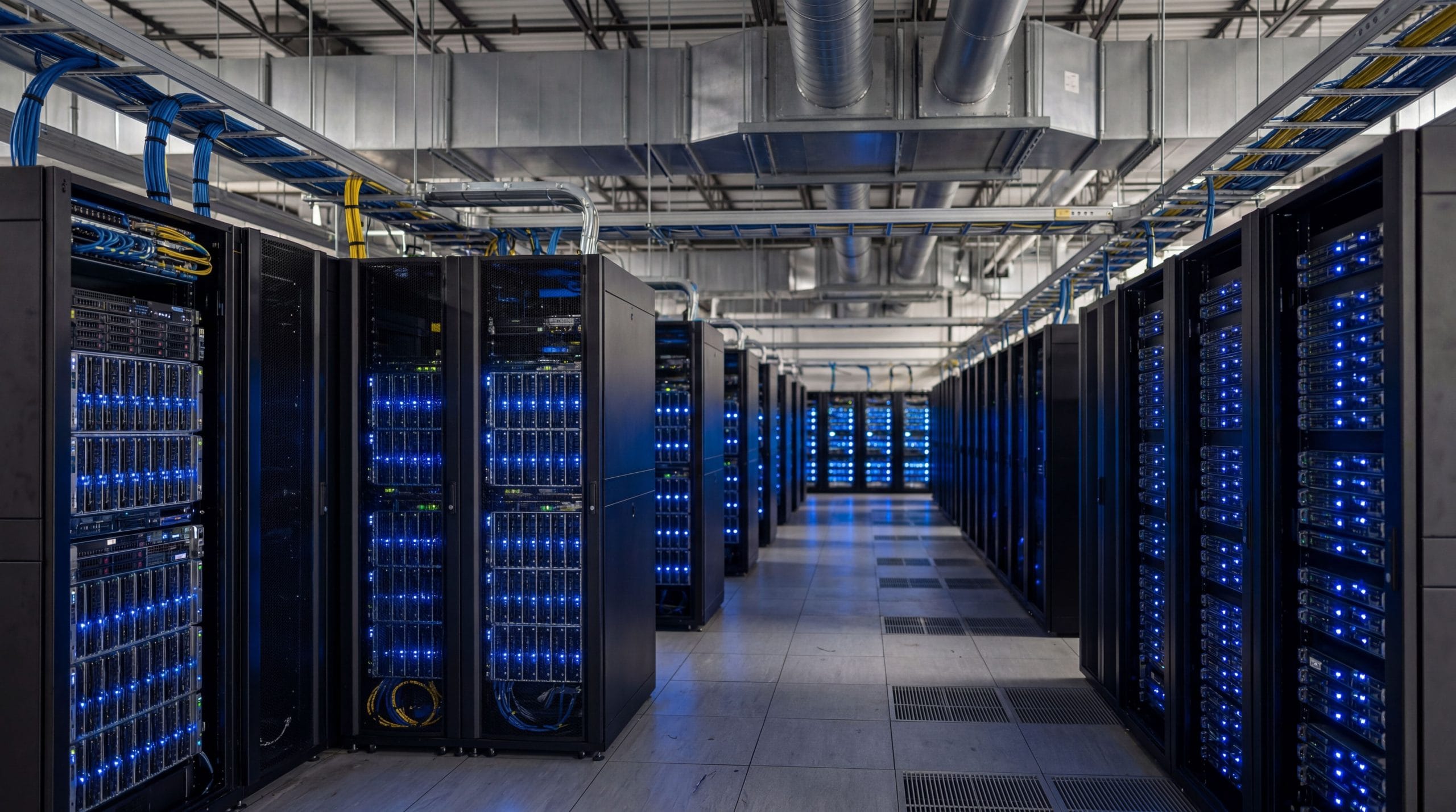 Modern AI data center infrastructure with server racks and cooling systems