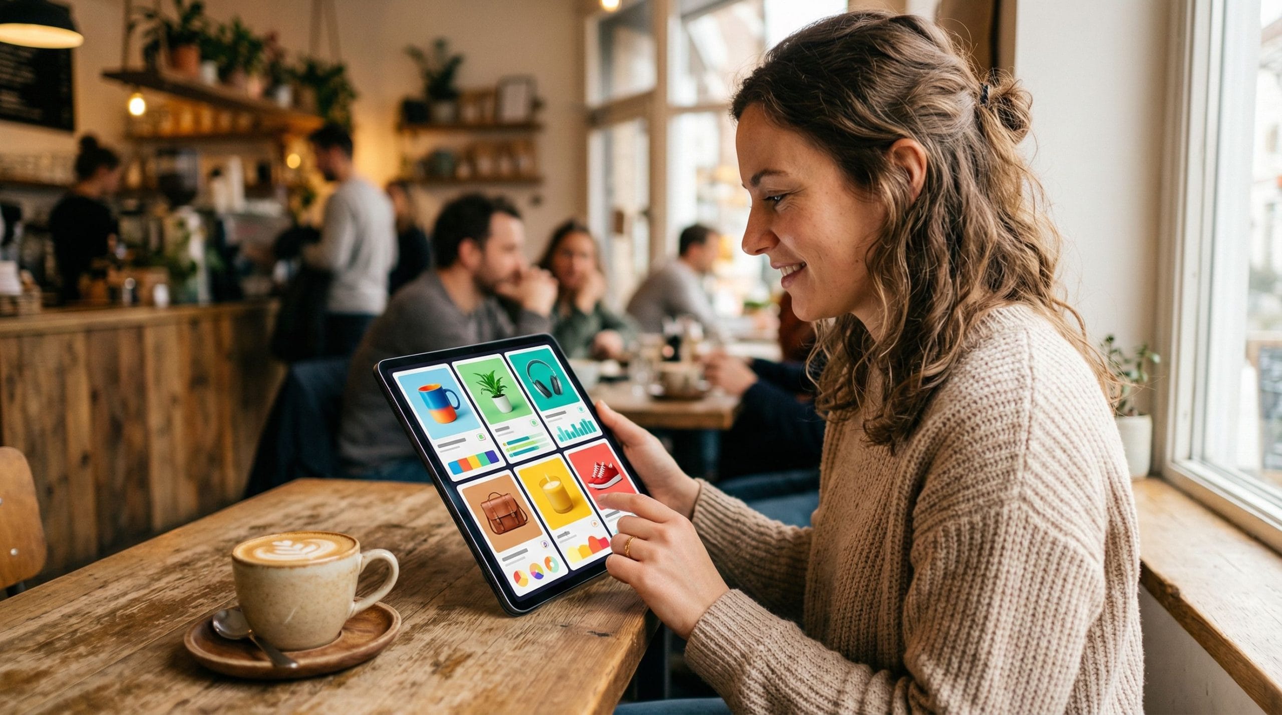 Kolorowe karty wizualne na tablecie w kawiarni — Yahoo Scout AI search experience