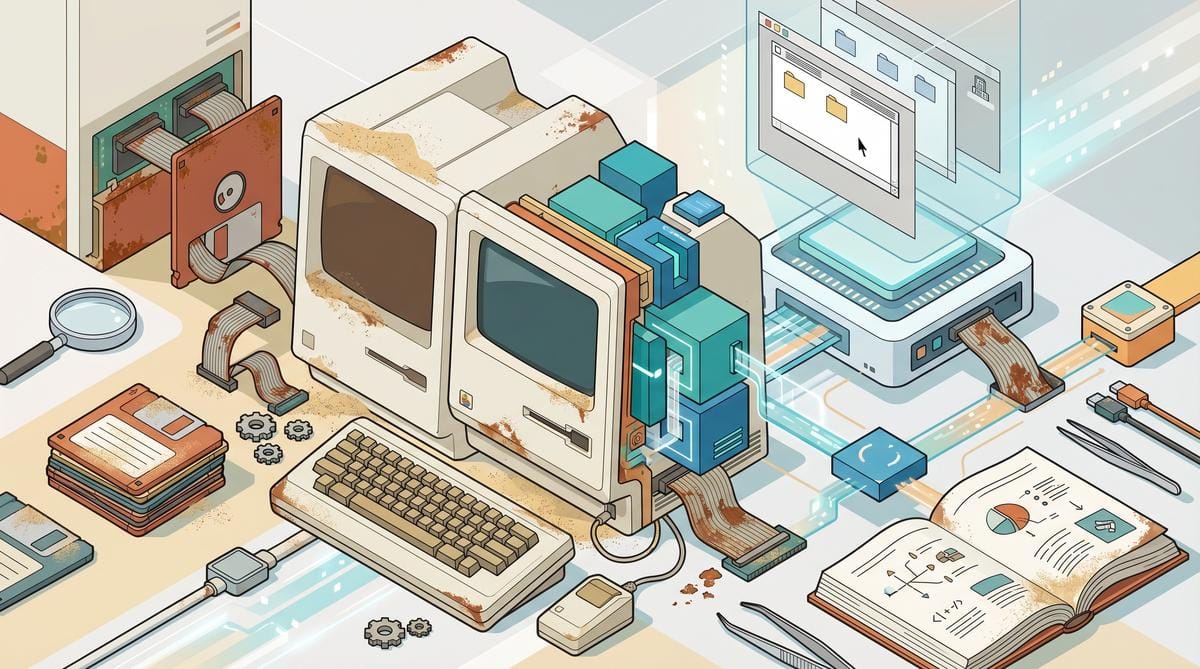 Ilustracja przedstawiająca klasyczny interfejs Mac OS