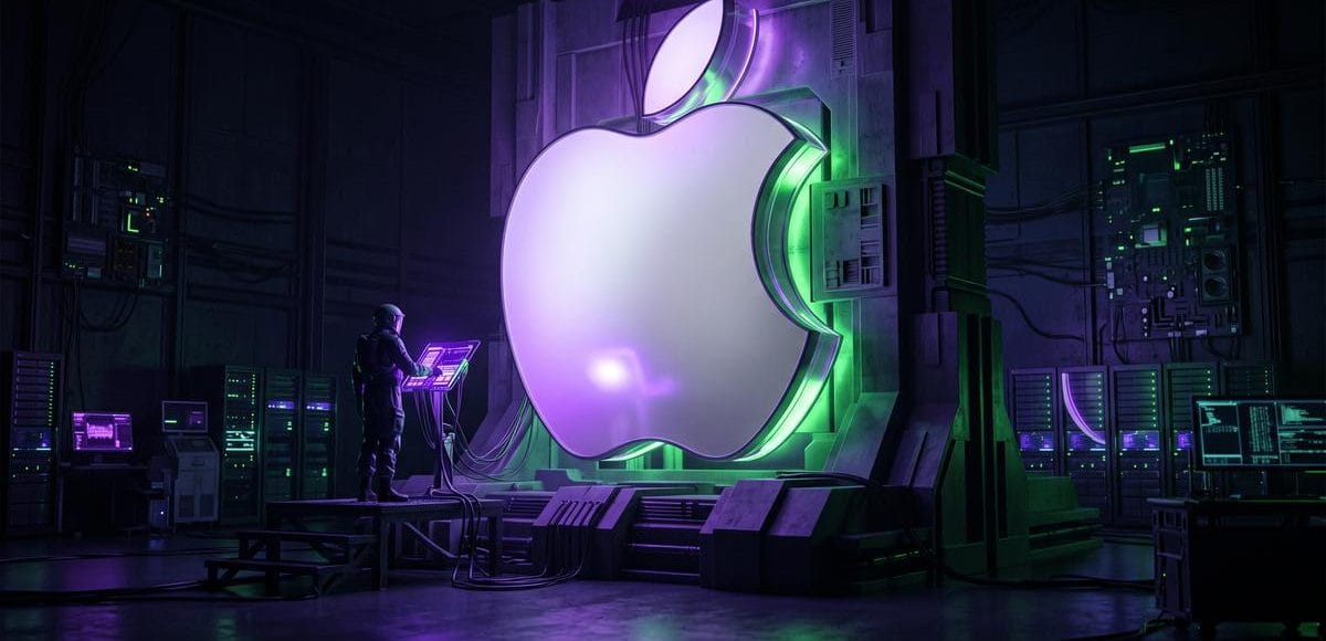 Osoba przy podświetlonej konsoli obok dużego znaku Apple w ciemnej serwerowni.