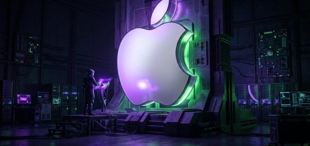 Osoba przy podświetlonej konsoli obok dużego znaku Apple w ciemnej serwerowni.